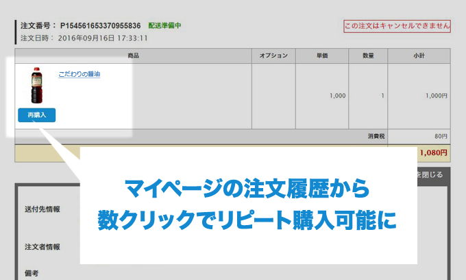 マイページの注文履歴から、過去に購入した商品を再購入できるように